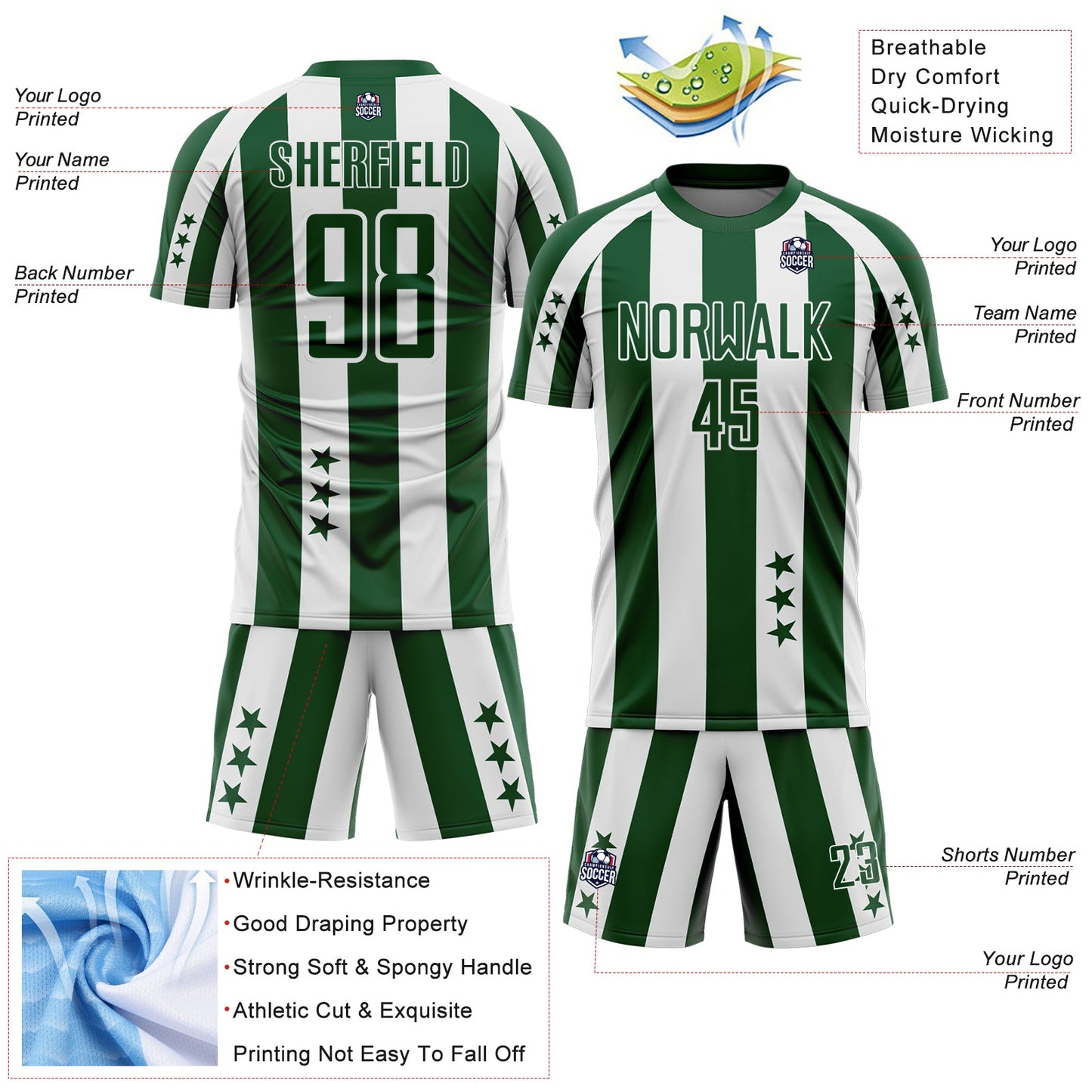 Custom Green White Stars And Stripes Sports Sublimation Soccer Uniform Jersey view 4