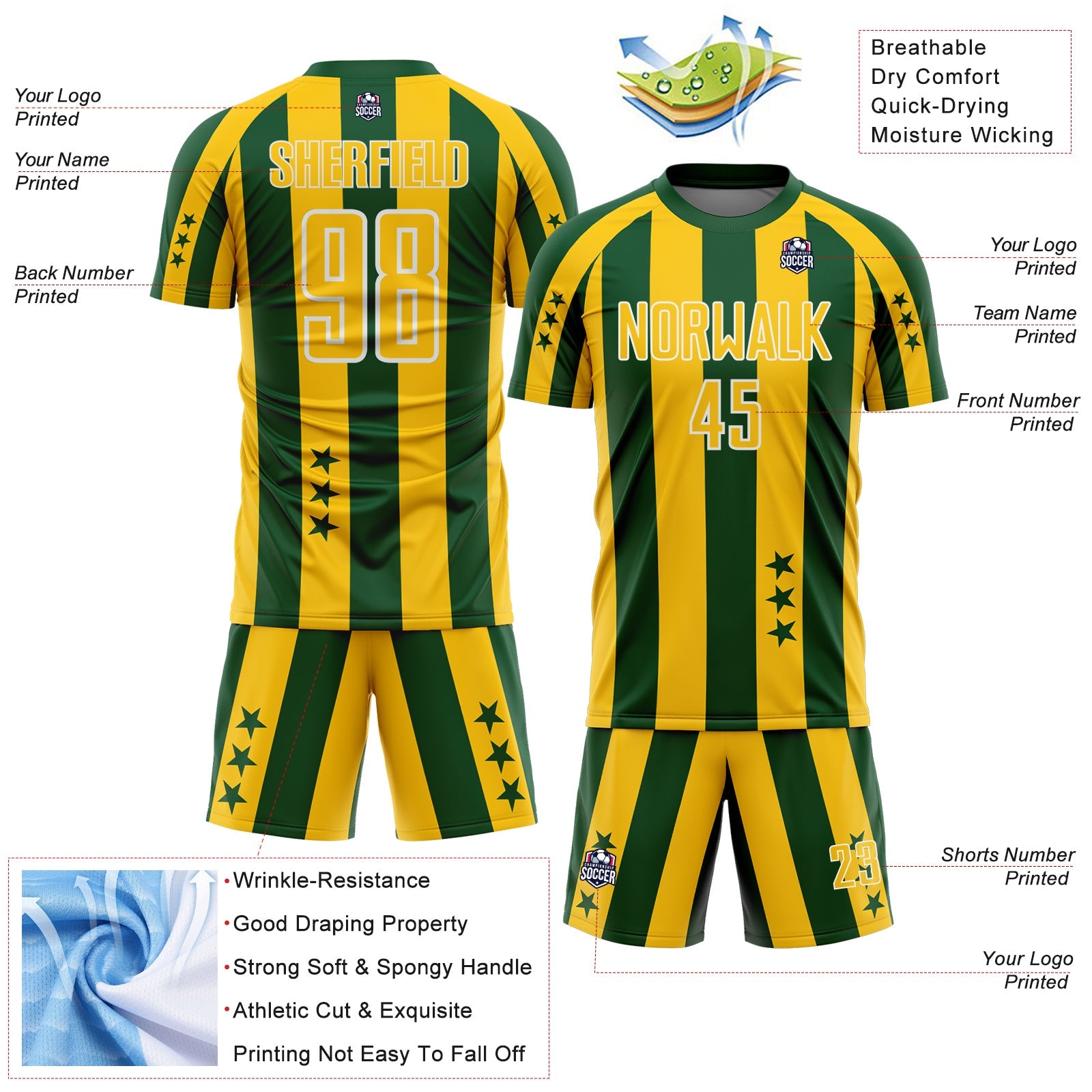 Custom Green Yellow-White Stars And Stripes Sports Sublimation Soccer Uniform Jersey view 4