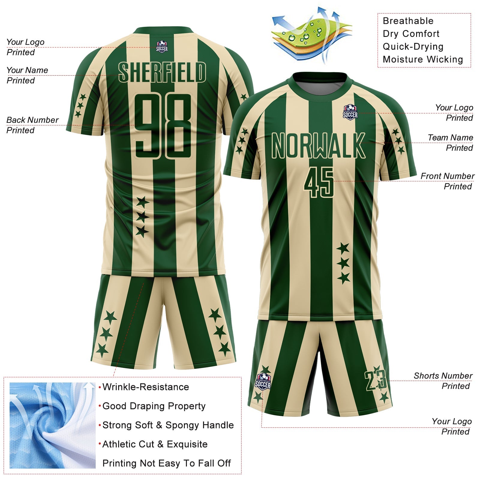 Custom Green Cream Stars And Stripes Sports Sublimation Soccer Uniform Jersey view 4