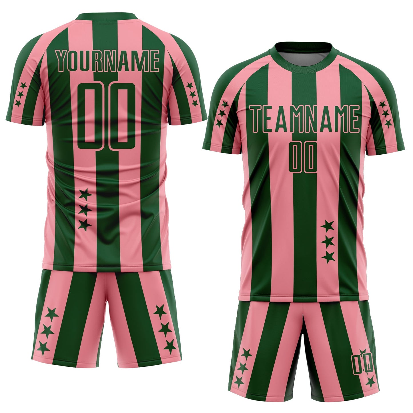 Custom Green Medium Pink Stars And Stripes Sports Sublimation Soccer Uniform Jersey view 2