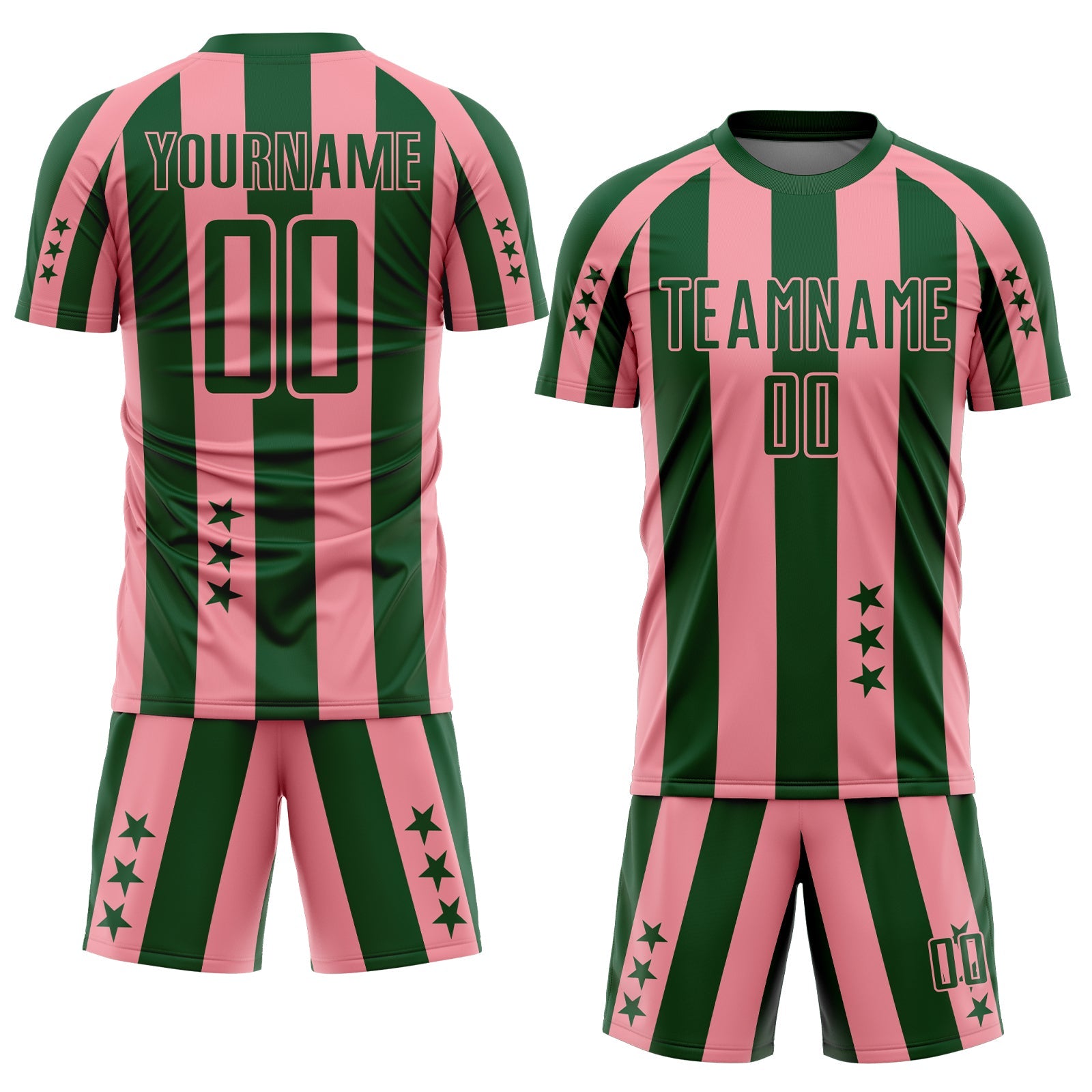 Custom Green Medium Pink Stars And Stripes Sports Sublimation Soccer Uniform Jersey view 2