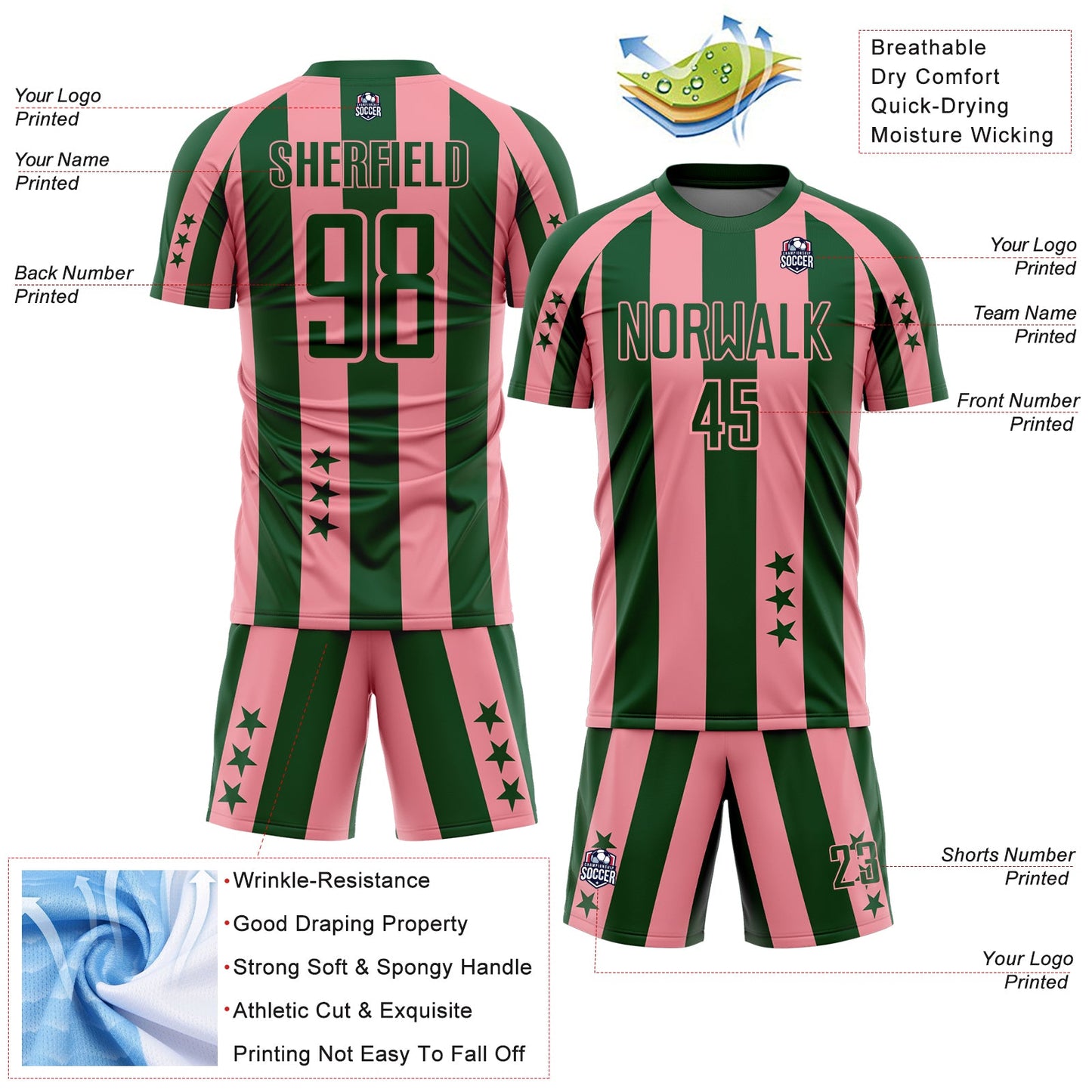 Custom Green Medium Pink Stars And Stripes Sports Sublimation Soccer Uniform Jersey view 4