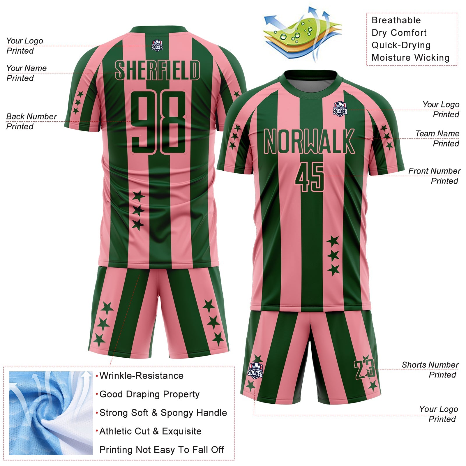 Custom Green Medium Pink Stars And Stripes Sports Sublimation Soccer Uniform Jersey view 4