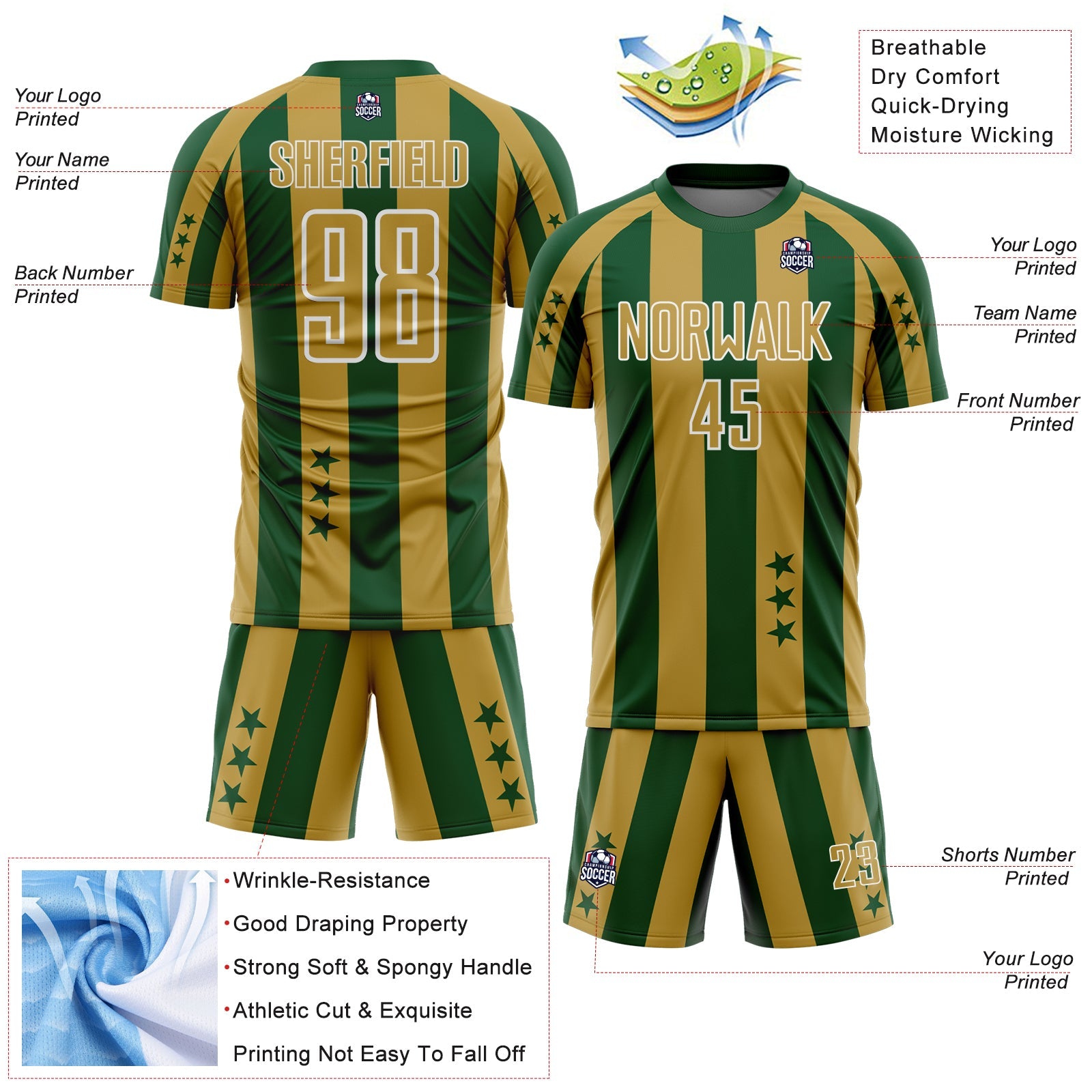 Custom Green Old Gold-White Stars And Stripes Sports Sublimation Soccer Uniform Jersey view 4