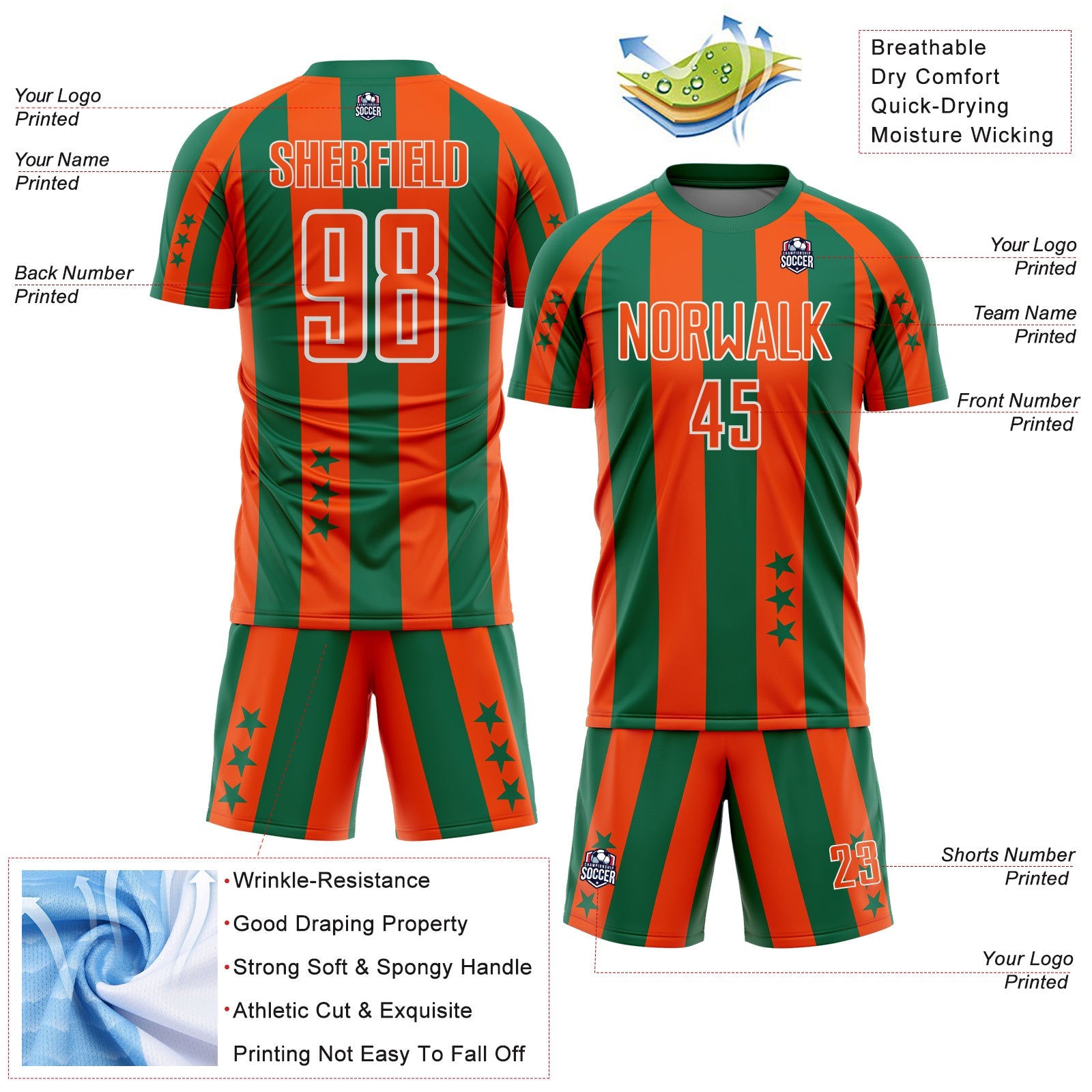 Custom Kelly Green Orange-White Stars And Stripes Sports Sublimation Soccer Uniform Jersey view 4