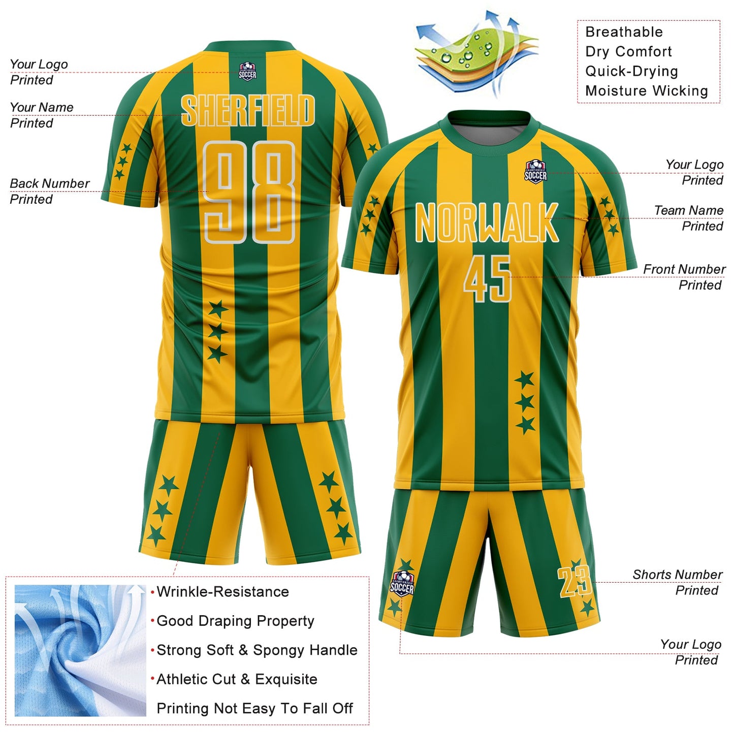 Custom Kelly Green Gold-White Stars And Stripes Sports Sublimation Soccer Uniform Jersey view 4