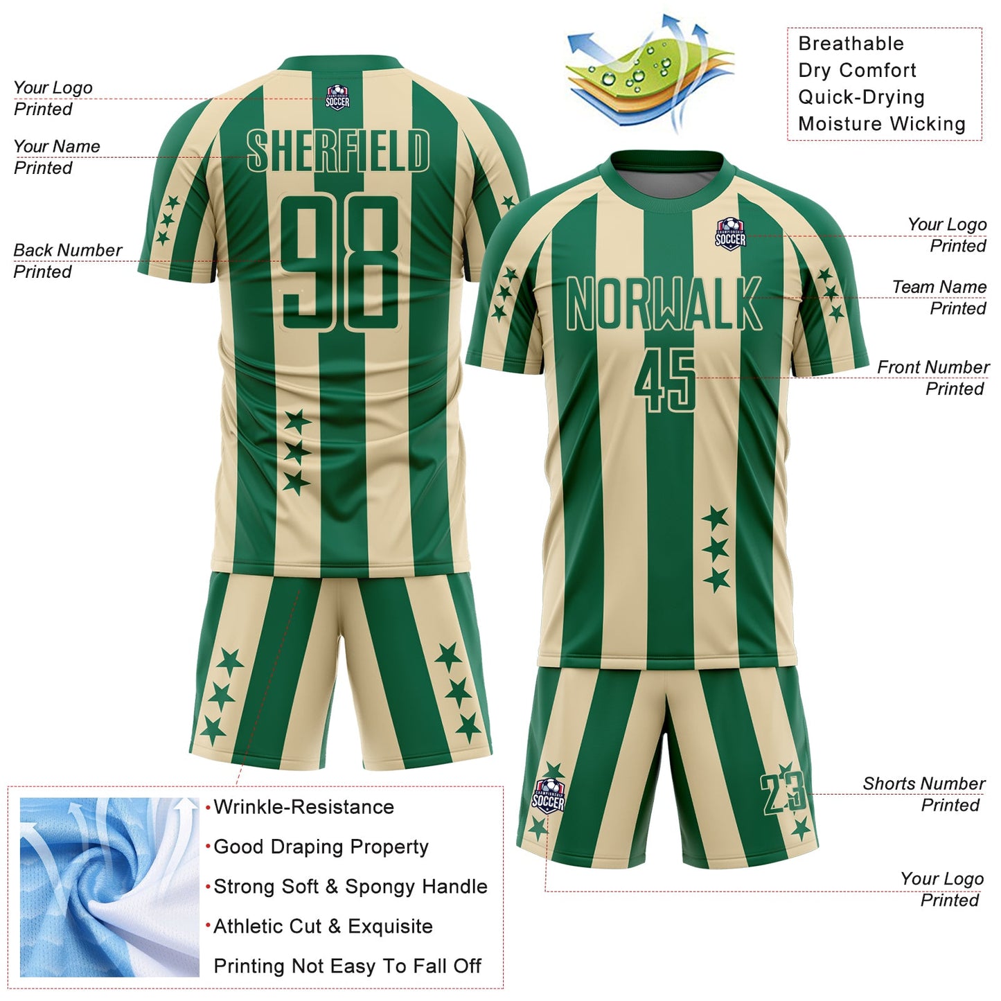Custom Kelly Green Cream Stars And Stripes Sports Sublimation Soccer Uniform Jersey view 4