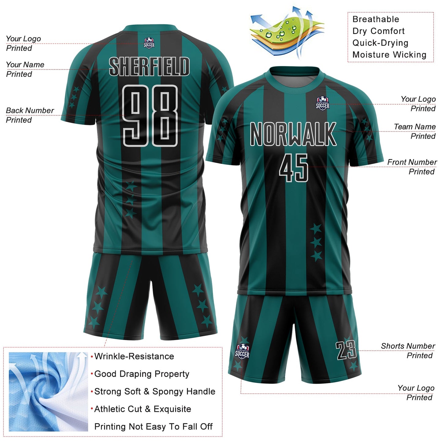 Custom Teal Black-White Stars And Stripes Sports Sublimation Soccer Uniform Jersey view 4