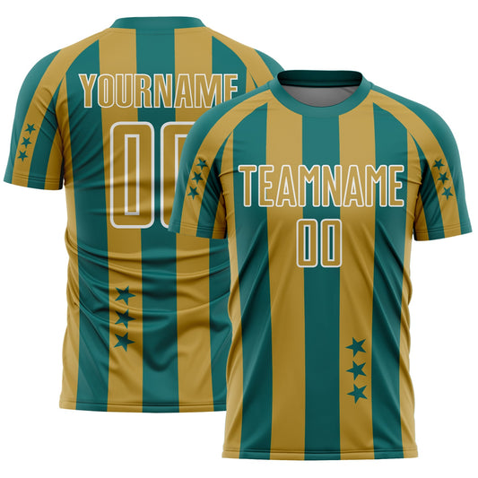 Custom Teal Old Gold-White Stars And Stripes Sports Sublimation Soccer Uniform Jersey - Main View