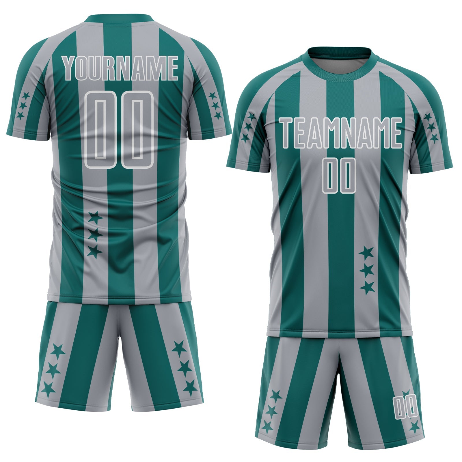 Custom Teal Gray-White Stars And Stripes Sports Sublimation Soccer Uniform Jersey view 2