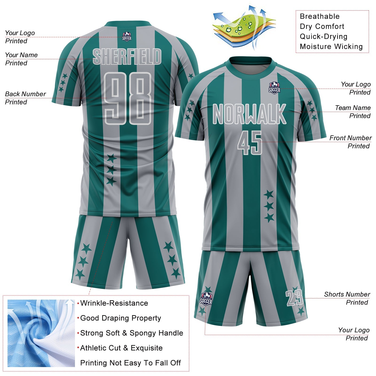 Custom Teal Gray-White Stars And Stripes Sports Sublimation Soccer Uniform Jersey view 4