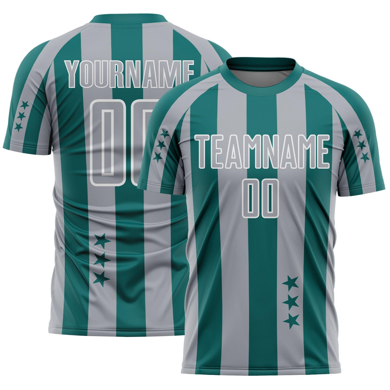 Custom Teal Gray-White Stars And Stripes Sports Sublimation Soccer Uniform Jersey - Main View