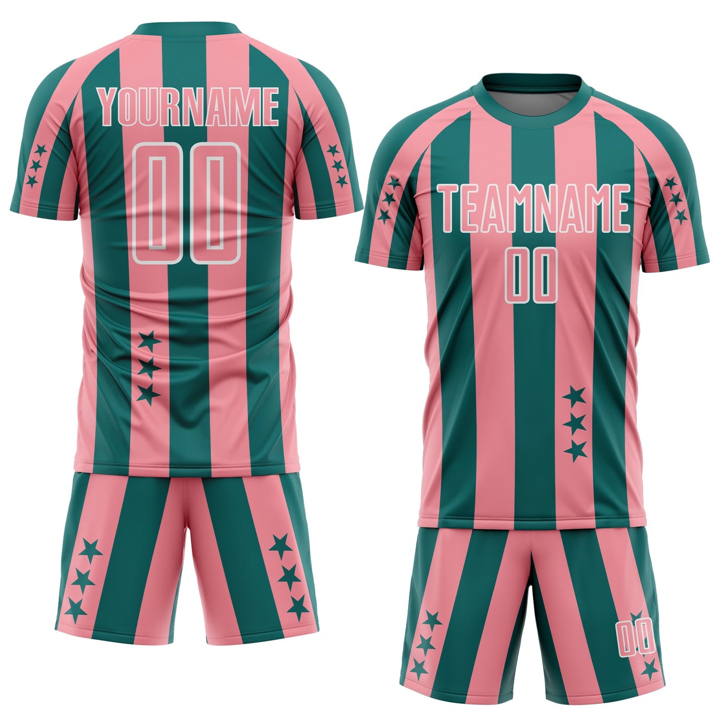 Custom Teal Medium Pink-White Stars And Stripes Sports Sublimation Soccer Uniform Jersey view 2