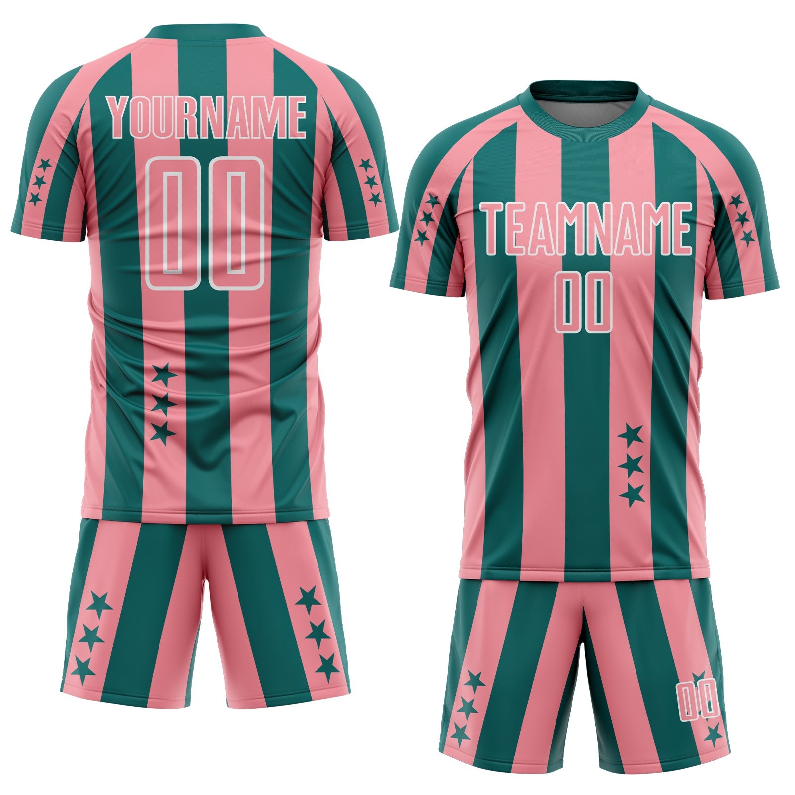 Custom Teal Medium Pink-White Stars And Stripes Sports Sublimation Soccer Uniform Jersey view 2