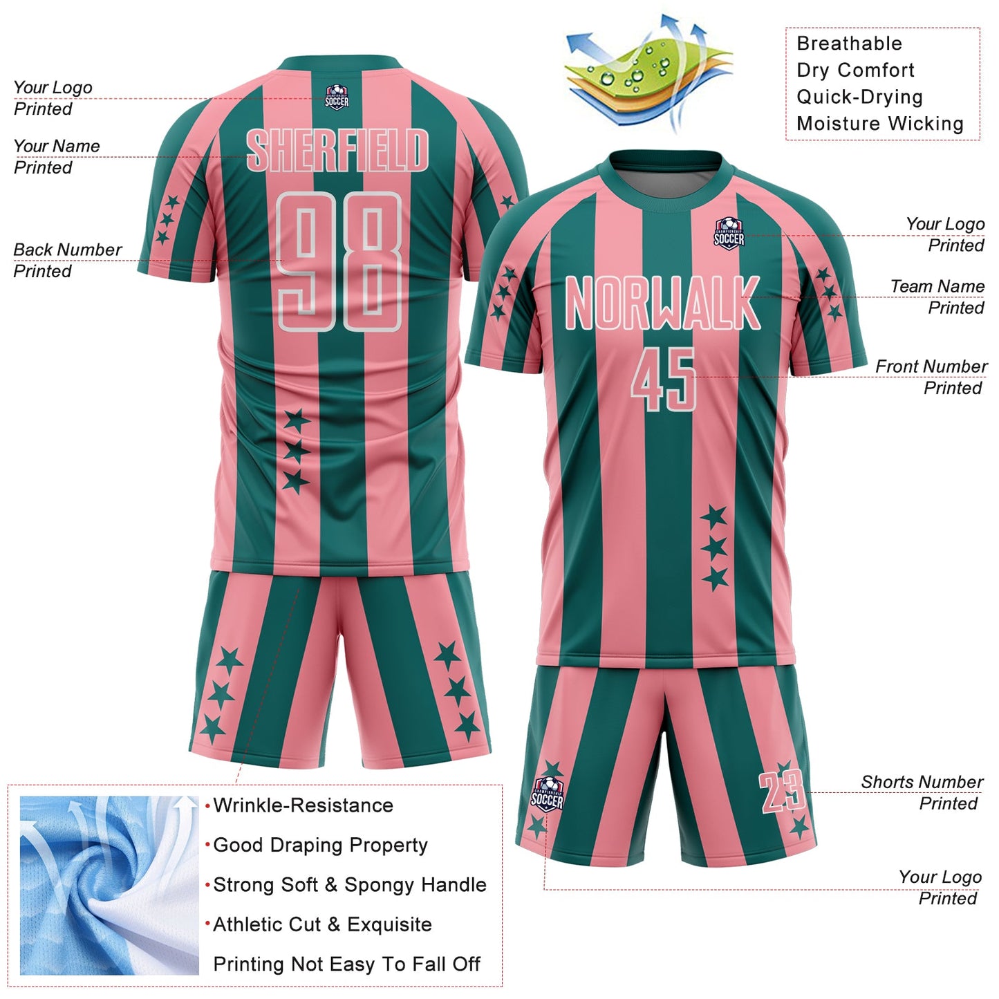 Custom Teal Medium Pink-White Stars And Stripes Sports Sublimation Soccer Uniform Jersey view 4