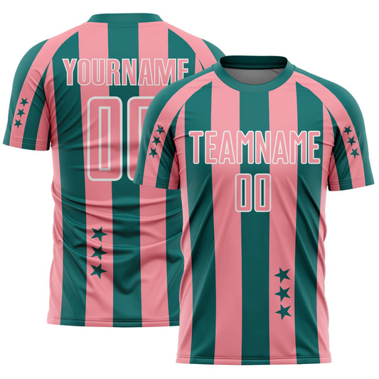 Custom Teal Medium Pink-White Stars And Stripes Sports Sublimation Soccer Uniform Jersey - Main View