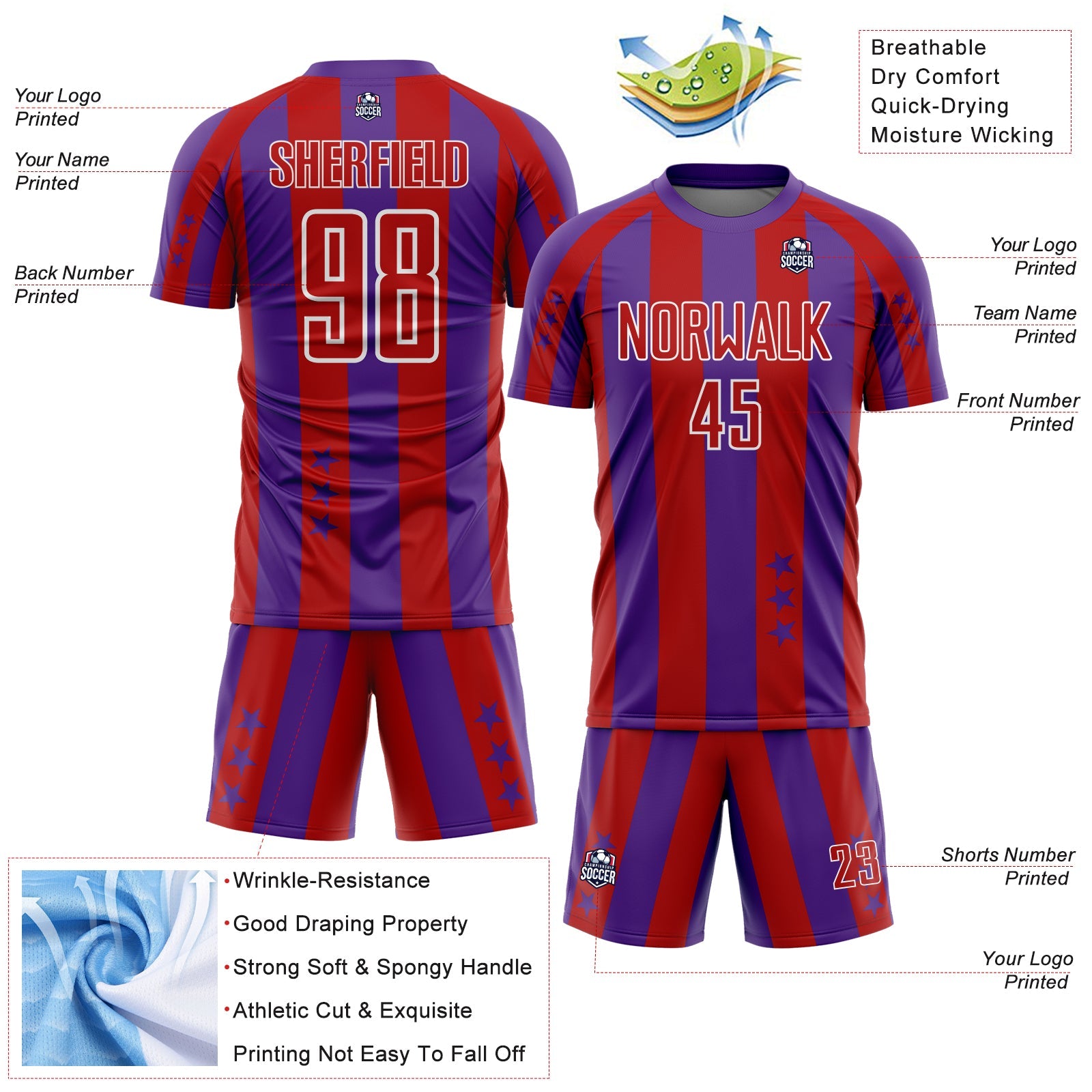 Custom Purple Red-White Stars And Stripes Sports Sublimation Soccer Uniform Jersey view 4