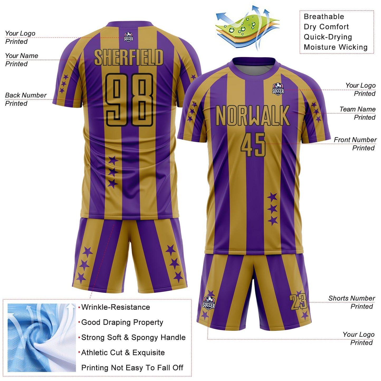 Custom Purple Old Gold-Black Stars And Stripes Sports Sublimation Soccer Uniform Jersey view 4