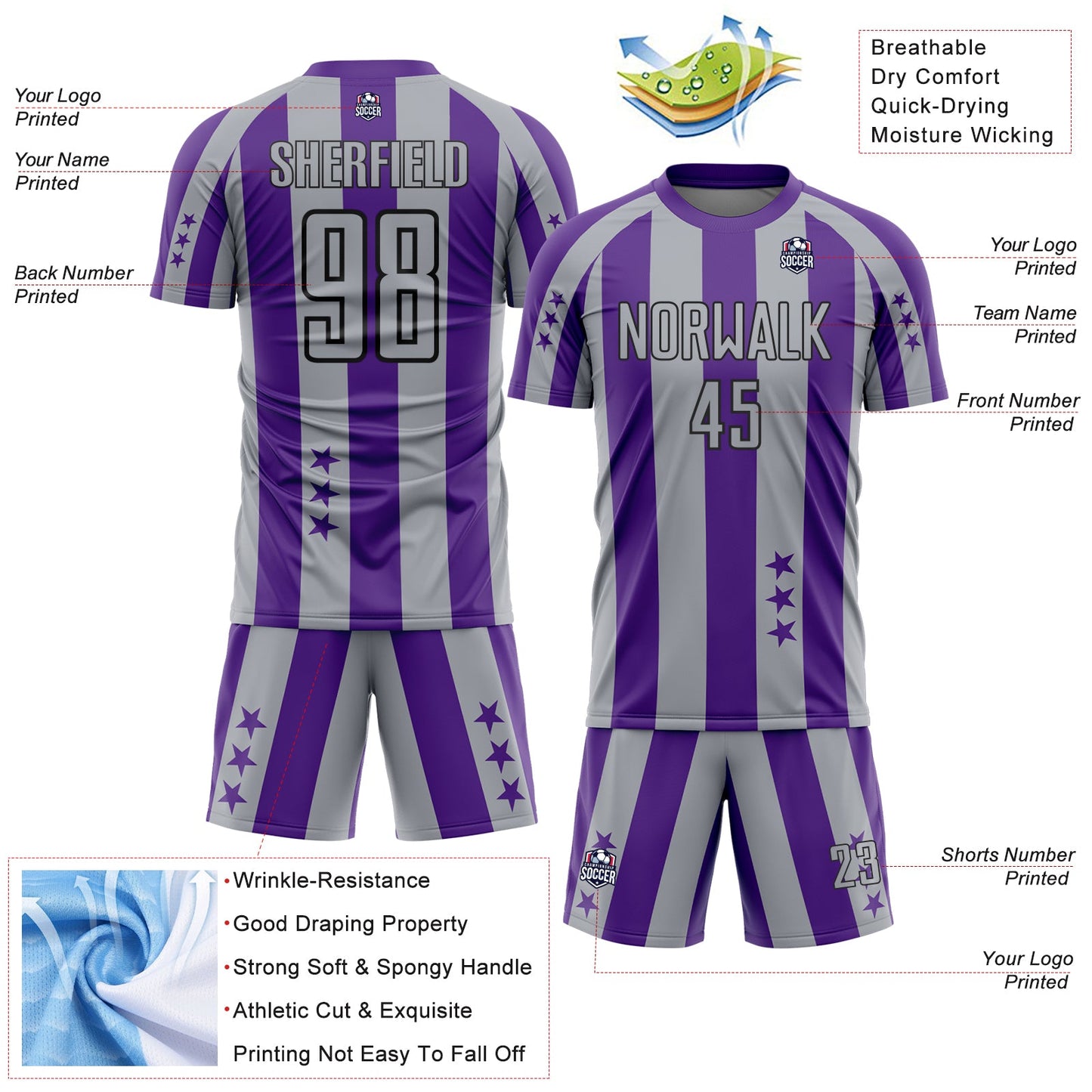 Custom Purple Gray-Black Stars And Stripes Sports Sublimation Soccer Uniform Jersey view 4