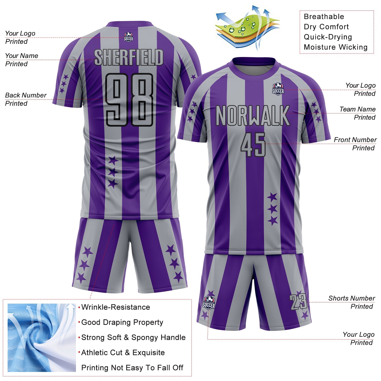 Custom Purple Gray-Black Stars And Stripes Sports Sublimation Soccer Uniform Jersey view 4