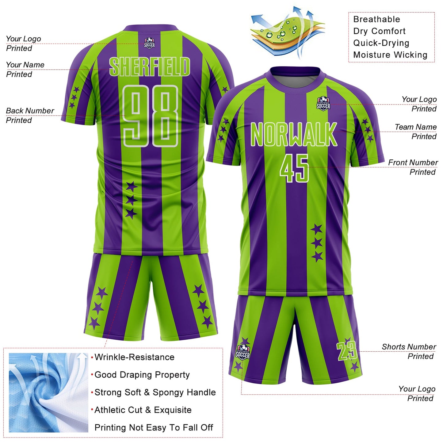 Custom Purple Neon Green-White Stars And Stripes Sports Sublimation Soccer Uniform Jersey view 4