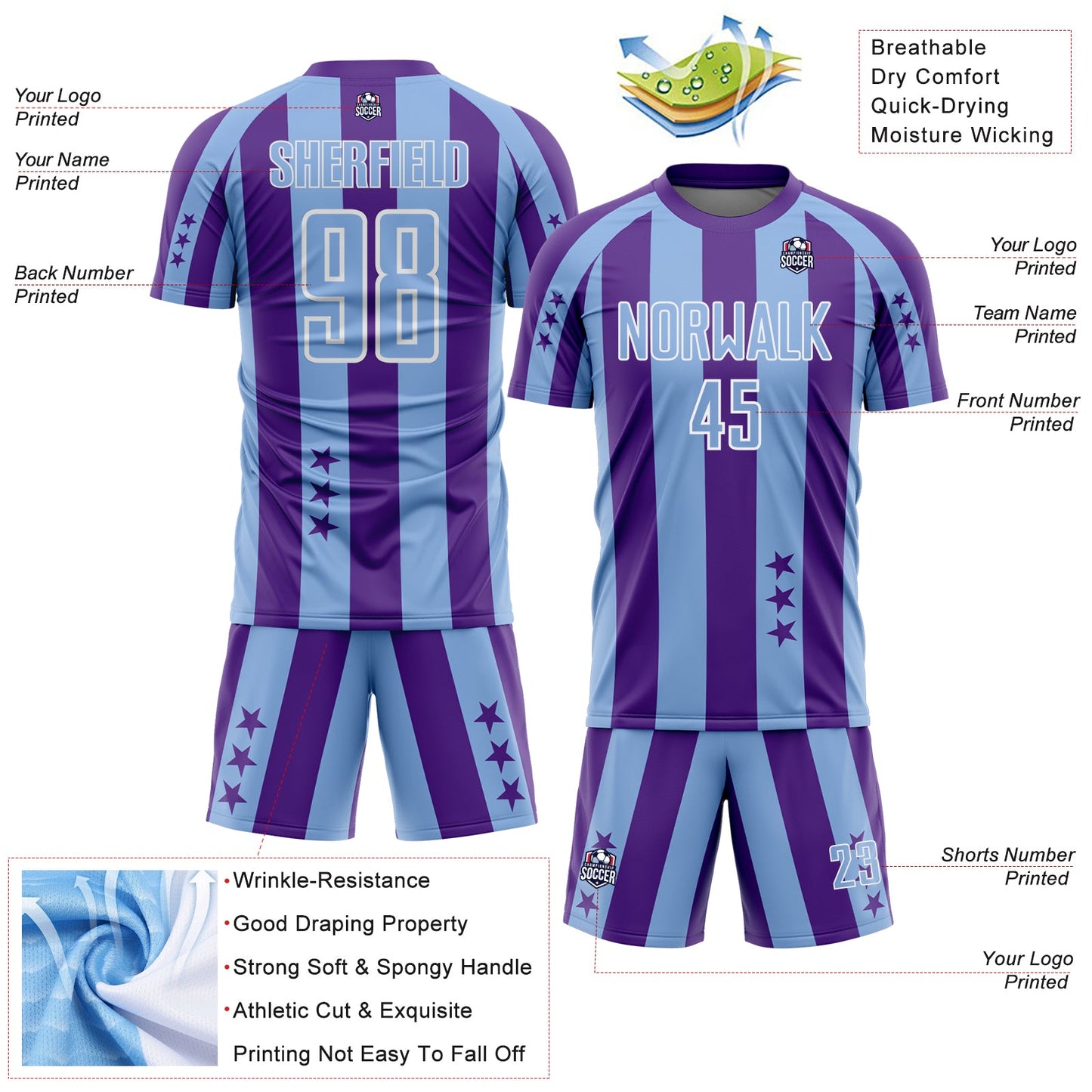 Custom Purple Light Blue-White Stars And Stripes Sports Sublimation Soccer Uniform Jersey view 4