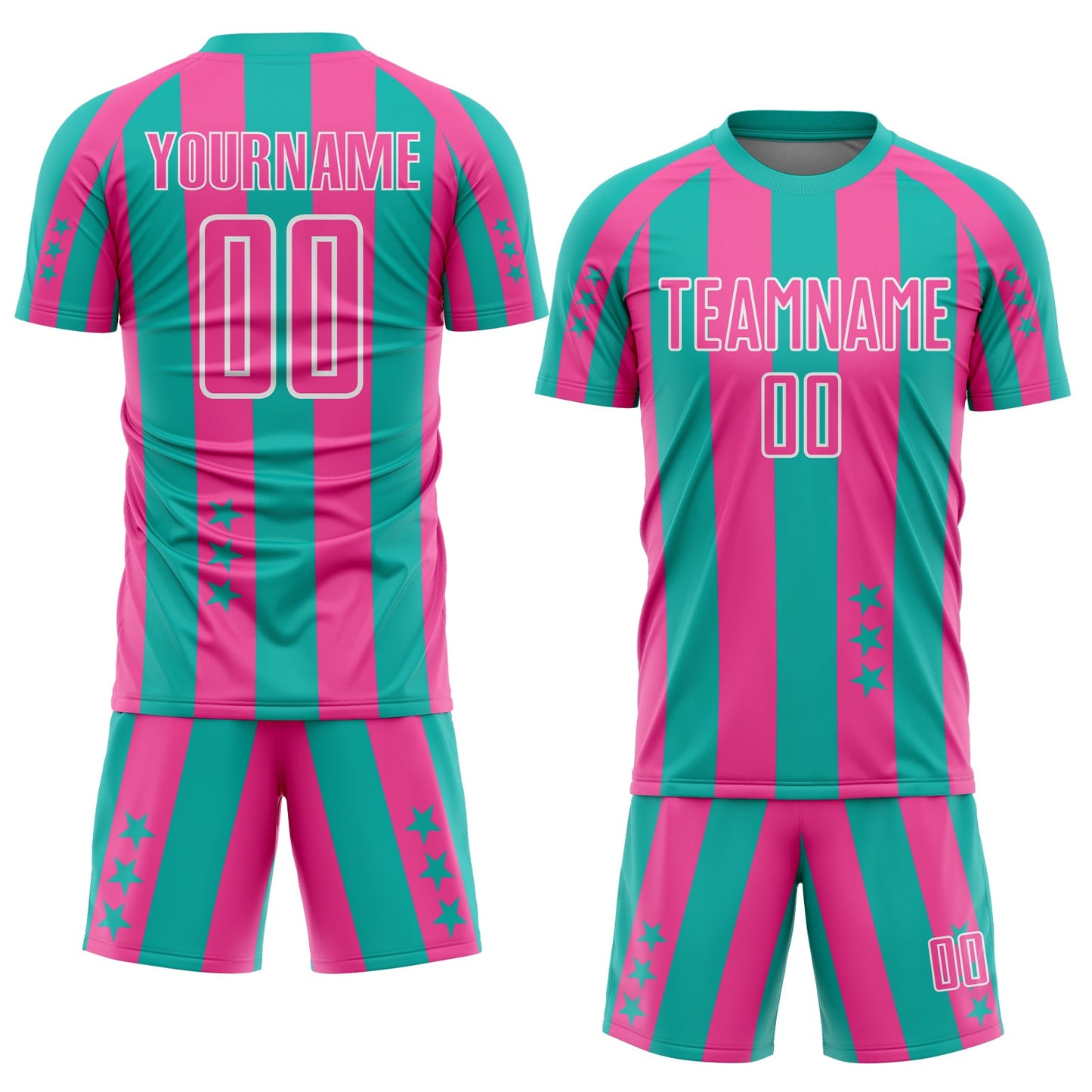 Custom Aqua Pink-White Stars And Stripes Sports Sublimation Soccer Uniform Jersey view 2
