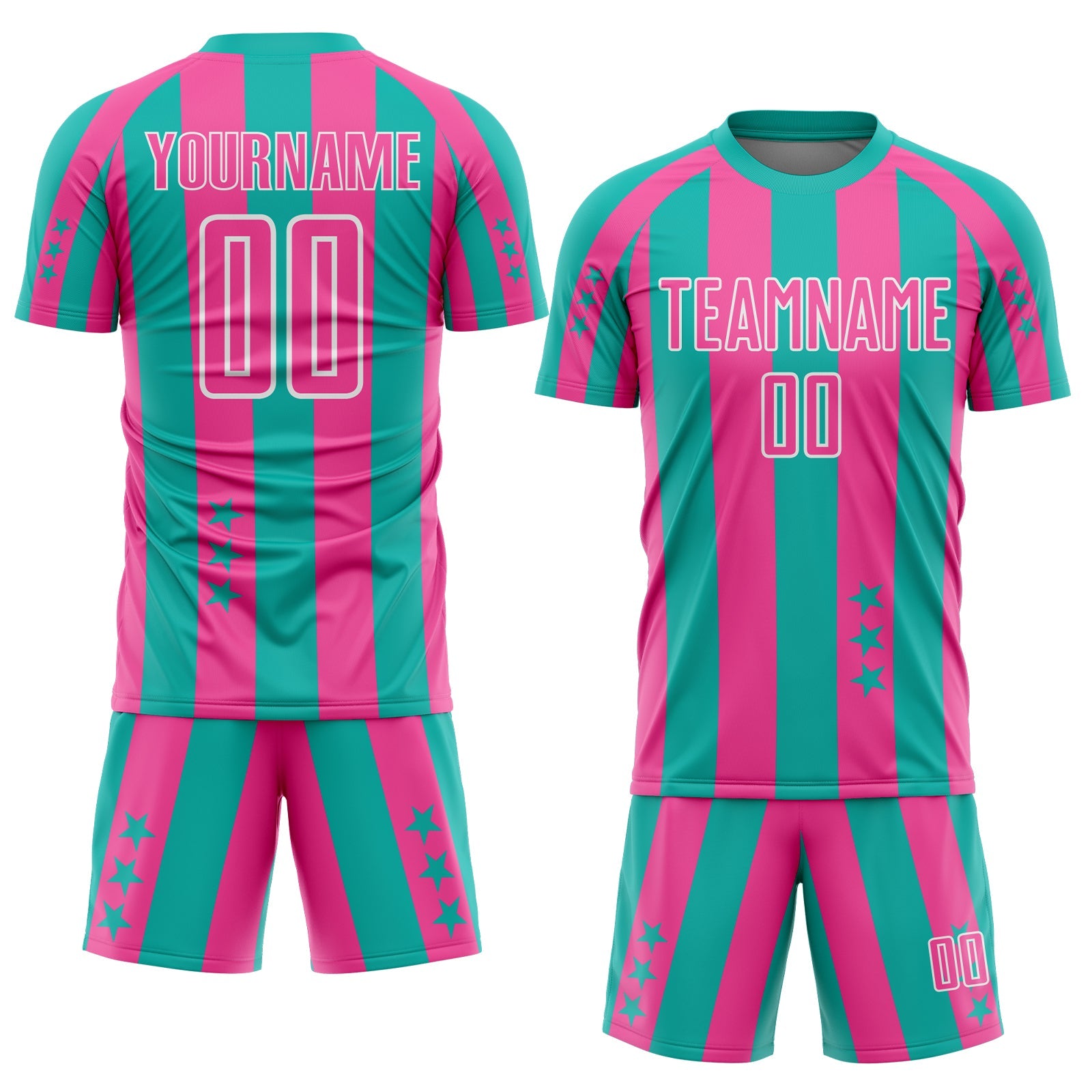 Custom Aqua Pink-White Stars And Stripes Sports Sublimation Soccer Uniform Jersey view 2