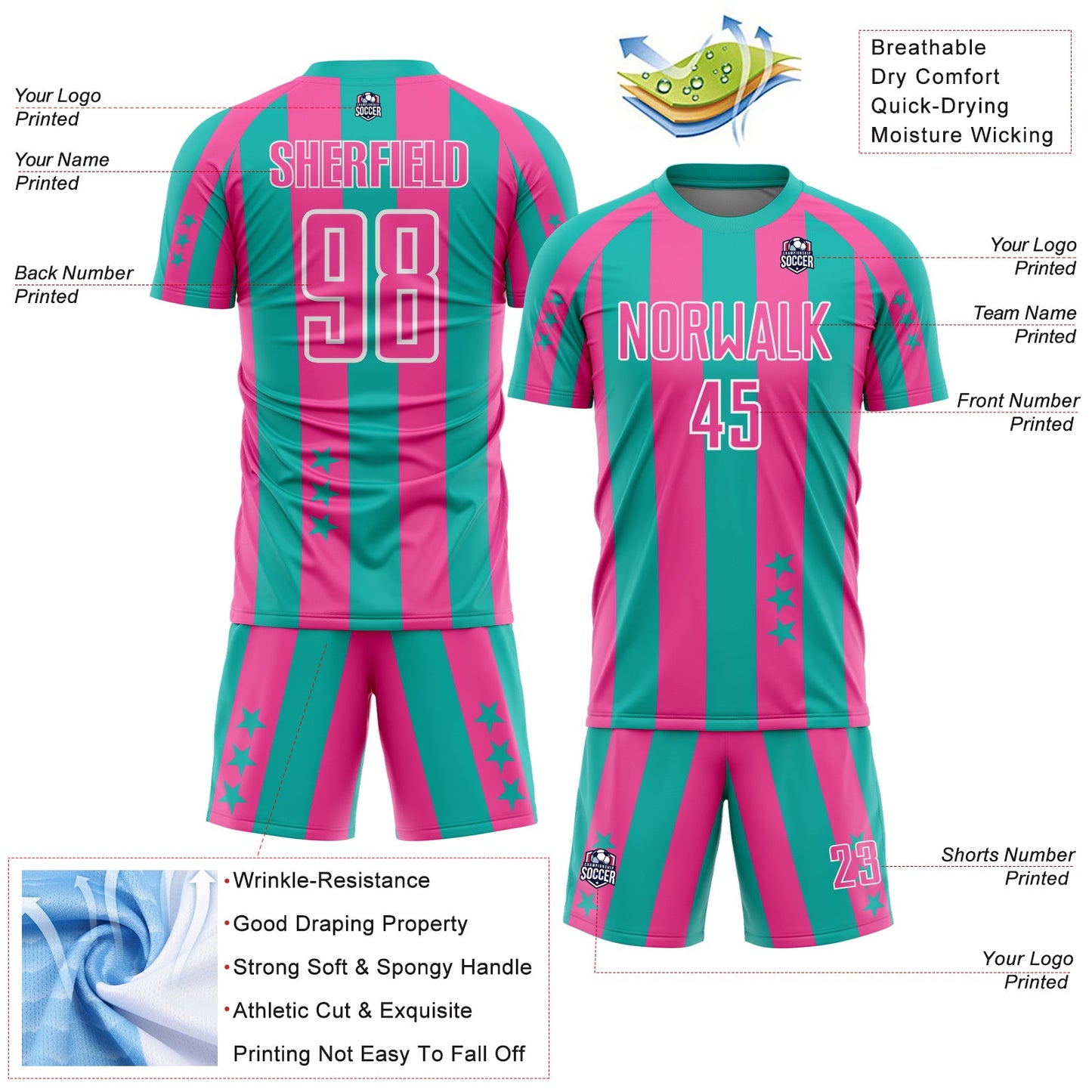Custom Aqua Pink-White Stars And Stripes Sports Sublimation Soccer Uniform Jersey view 4