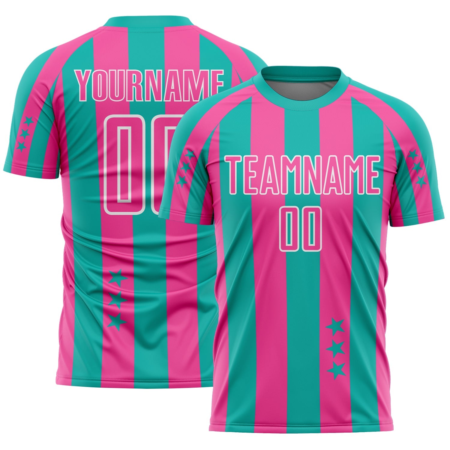 Custom Aqua Pink-White Stars And Stripes Sports Sublimation Soccer Uniform Jersey - Main View