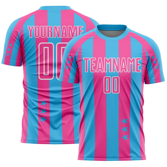 Custom Sky Blue Pink-White Stars And Stripes Sports Sublimation Soccer Uniform Jersey - Main View