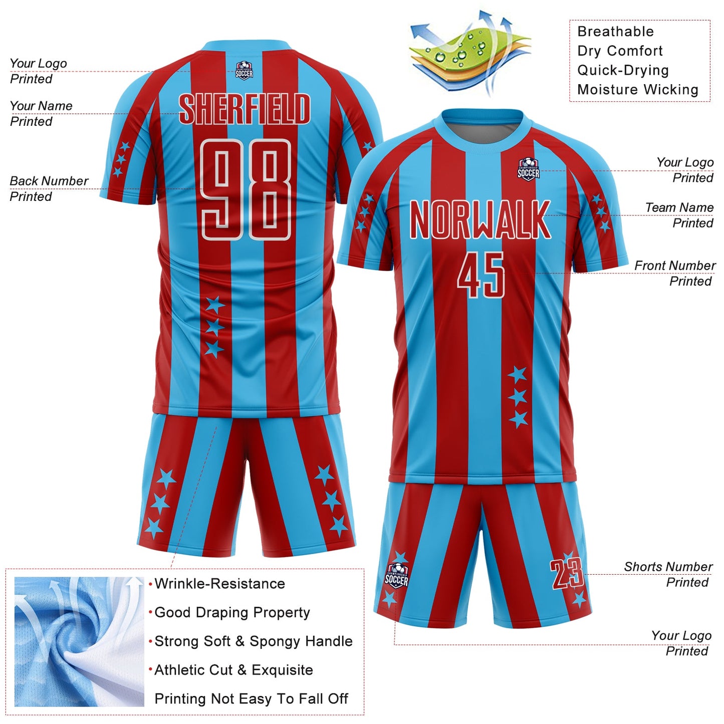 Custom Sky Blue Red-White Stars And Stripes Sports Sublimation Soccer Uniform Jersey view 4