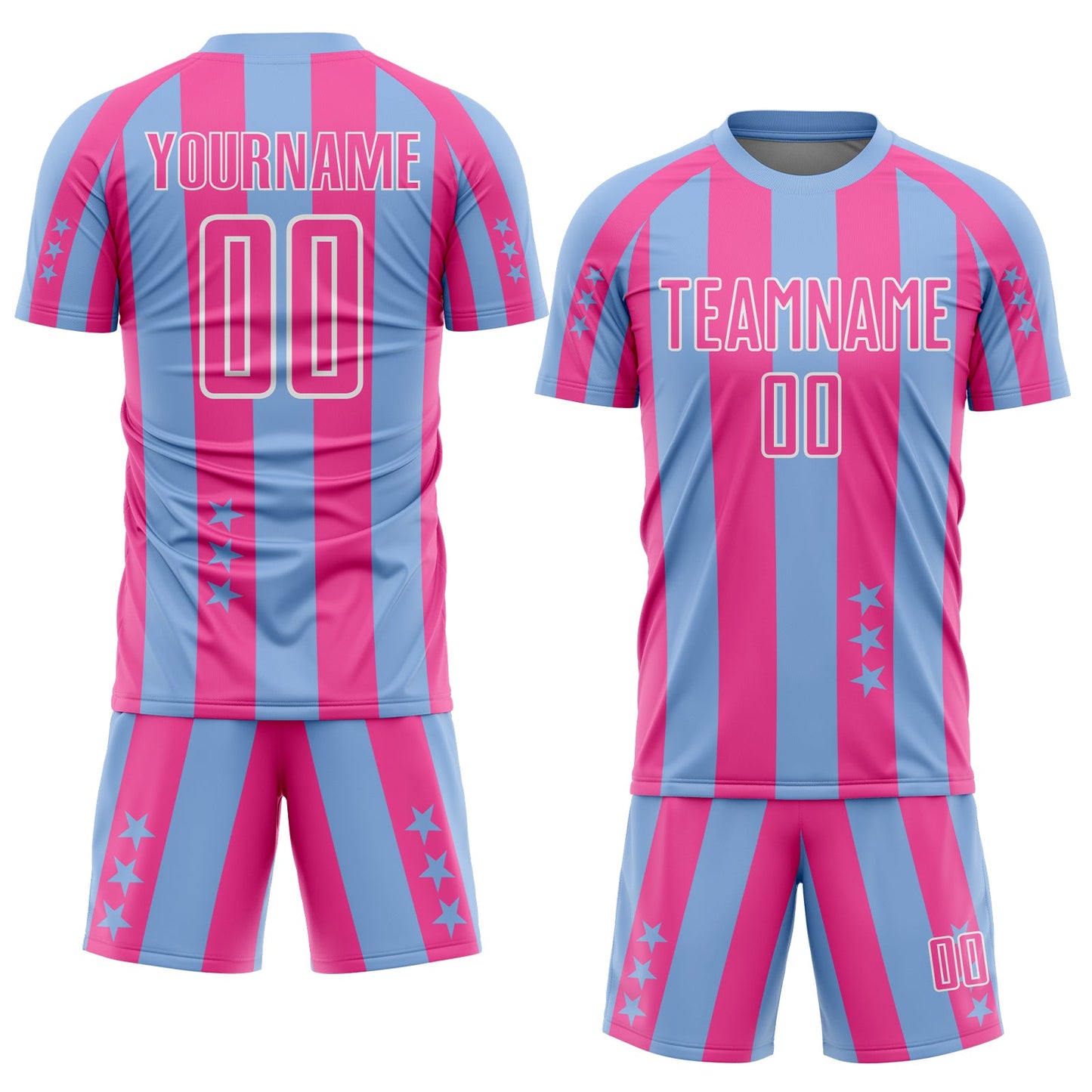 Custom Light Blue Pink-White Stars And Stripes Sports Sublimation Soccer Uniform Jersey view 2