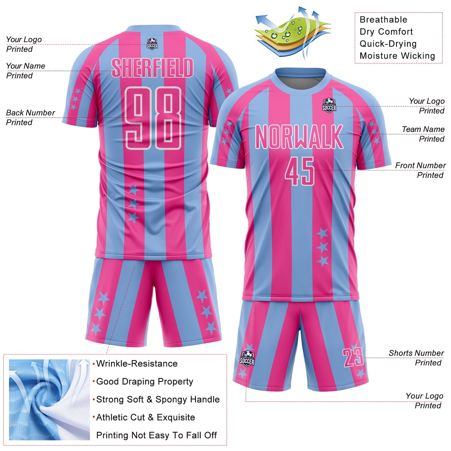 Custom Light Blue Pink-White Stars And Stripes Sports Sublimation Soccer Uniform Jersey view 4