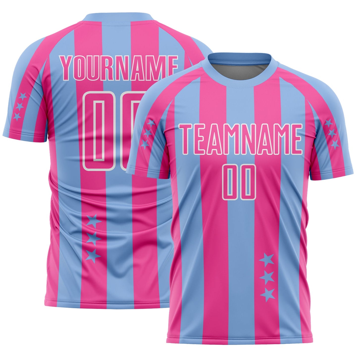 Custom Light Blue Pink-White Stars And Stripes Sports Sublimation Soccer Uniform Jersey - Main View