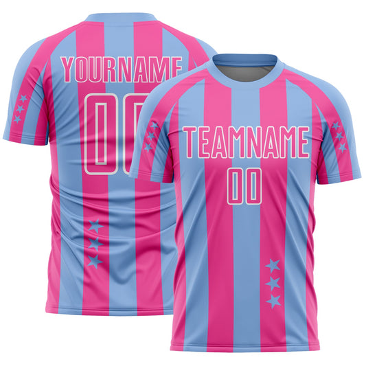 Custom Light Blue Pink-White Stars And Stripes Sports Sublimation Soccer Uniform Jersey - Main View