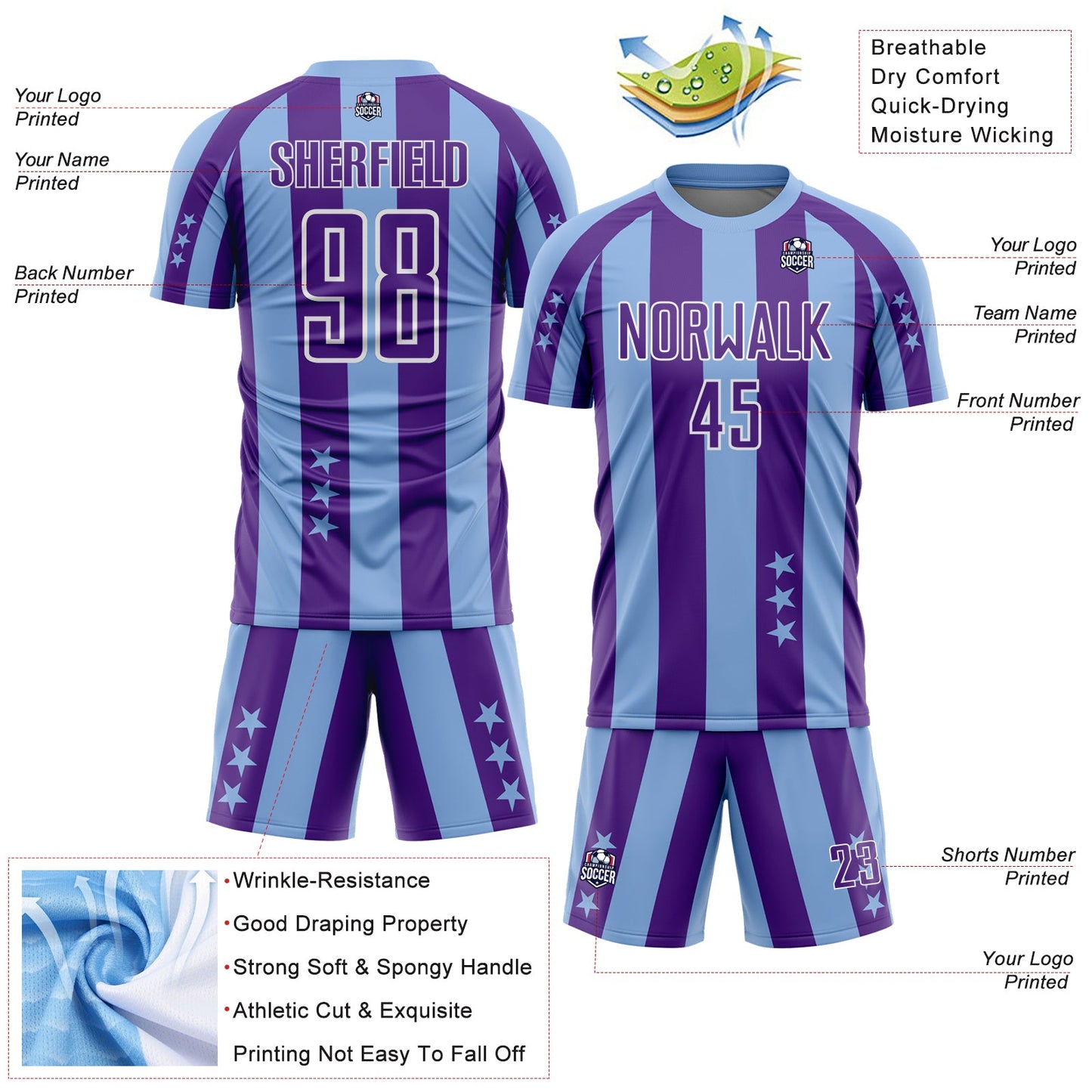 Custom Light Blue Purple-White Stars And Stripes Sports Sublimation Soccer Uniform Jersey view 4