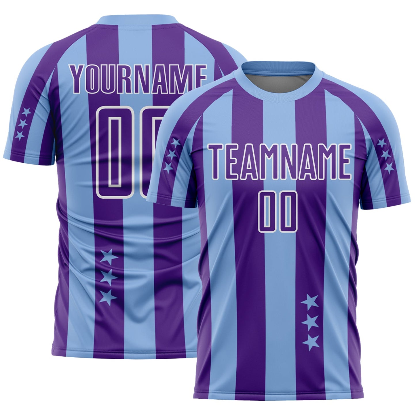 Custom Light Blue Purple-White Stars And Stripes Sports Sublimation Soccer Uniform Jersey - Main View