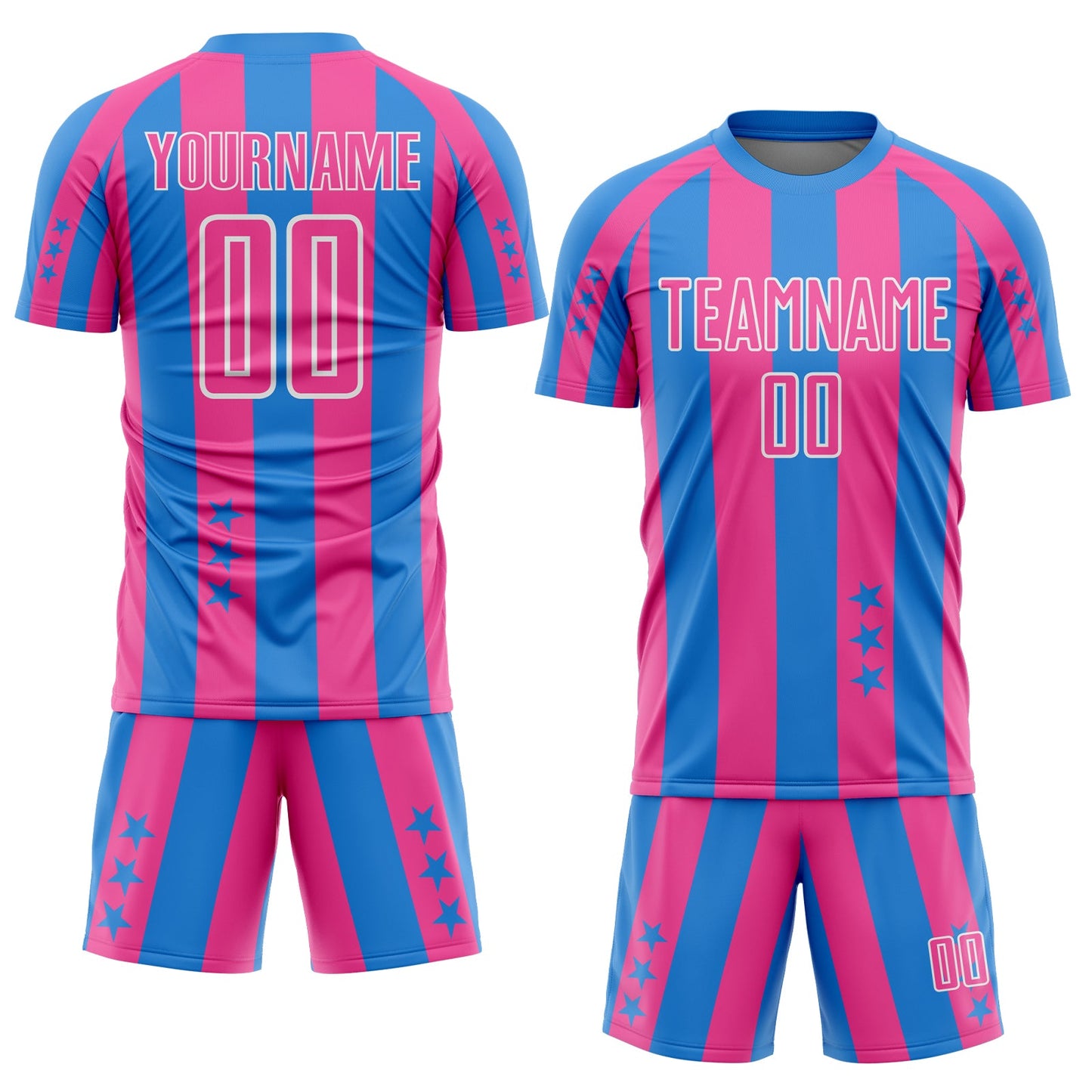 Custom Powder Blue Pink-White Stars And Stripes Sports Sublimation Soccer Uniform Jersey view 2