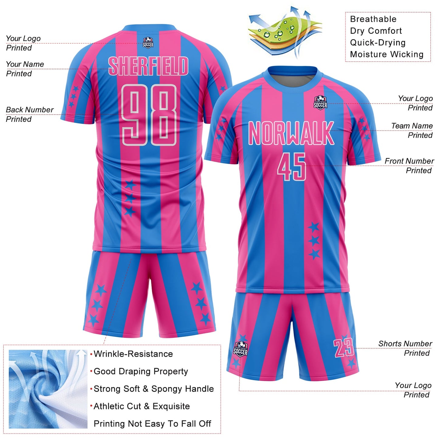 Custom Powder Blue Pink-White Stars And Stripes Sports Sublimation Soccer Uniform Jersey view 4