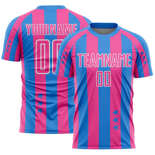 Custom Powder Blue Pink-White Stars And Stripes Sports Sublimation Soccer Uniform Jersey - Main View