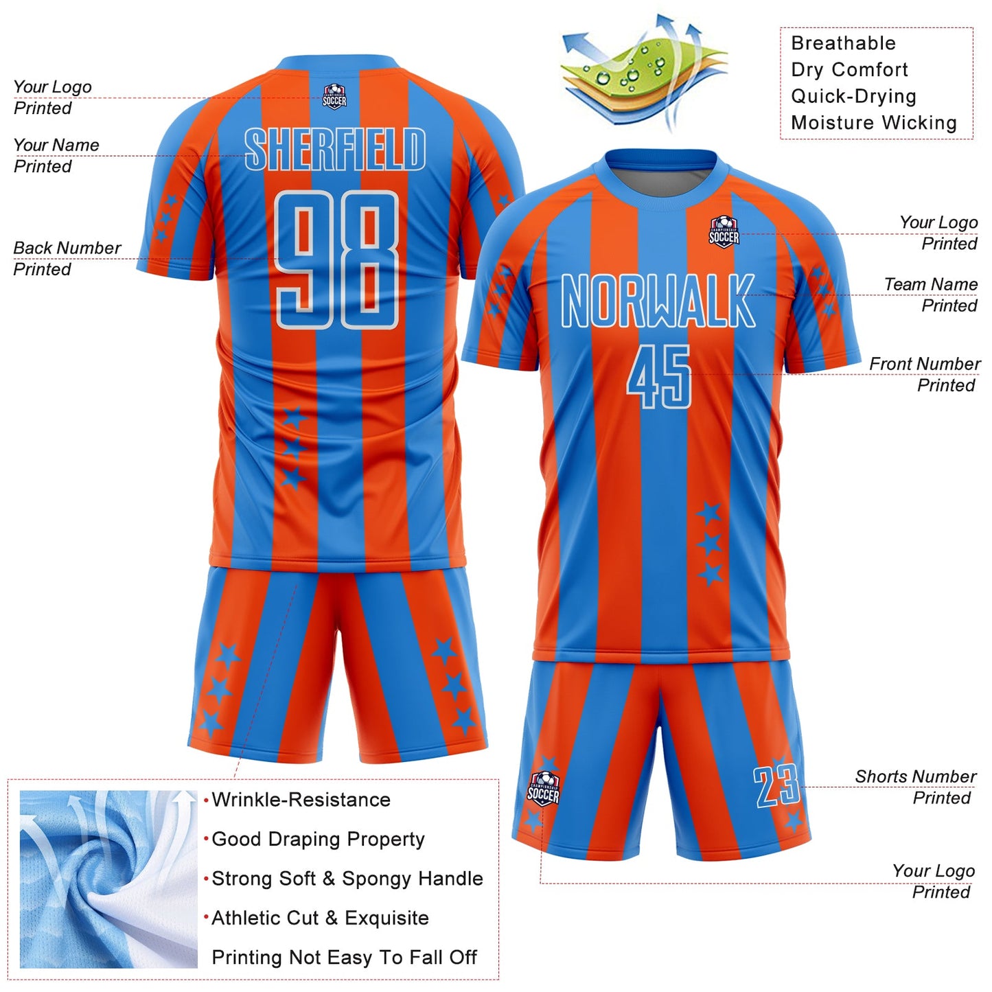Custom Powder Blue Orange-White Stars And Stripes Sports Sublimation Soccer Uniform Jersey view 4