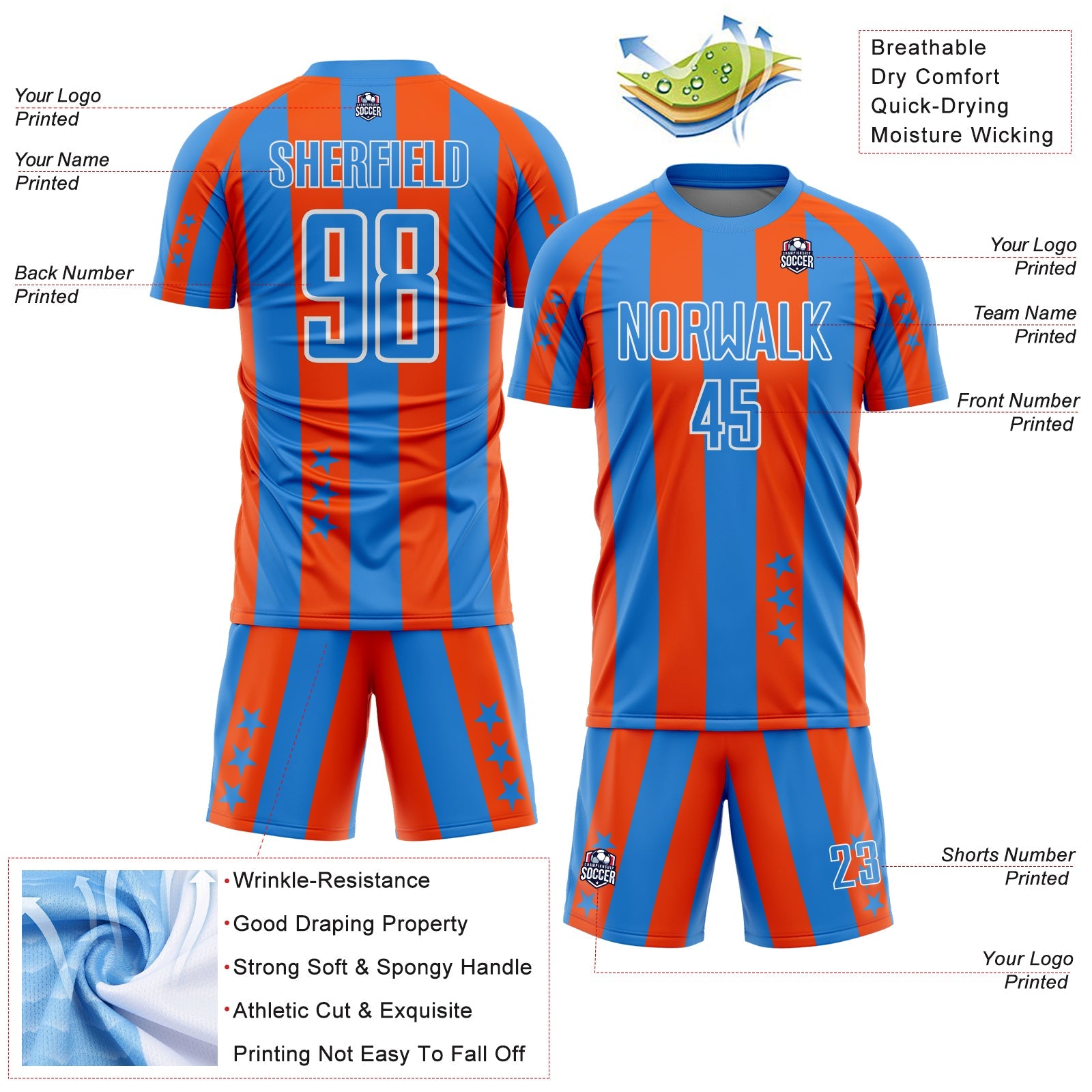Custom Powder Blue Orange-White Stars And Stripes Sports Sublimation Soccer Uniform Jersey view 4