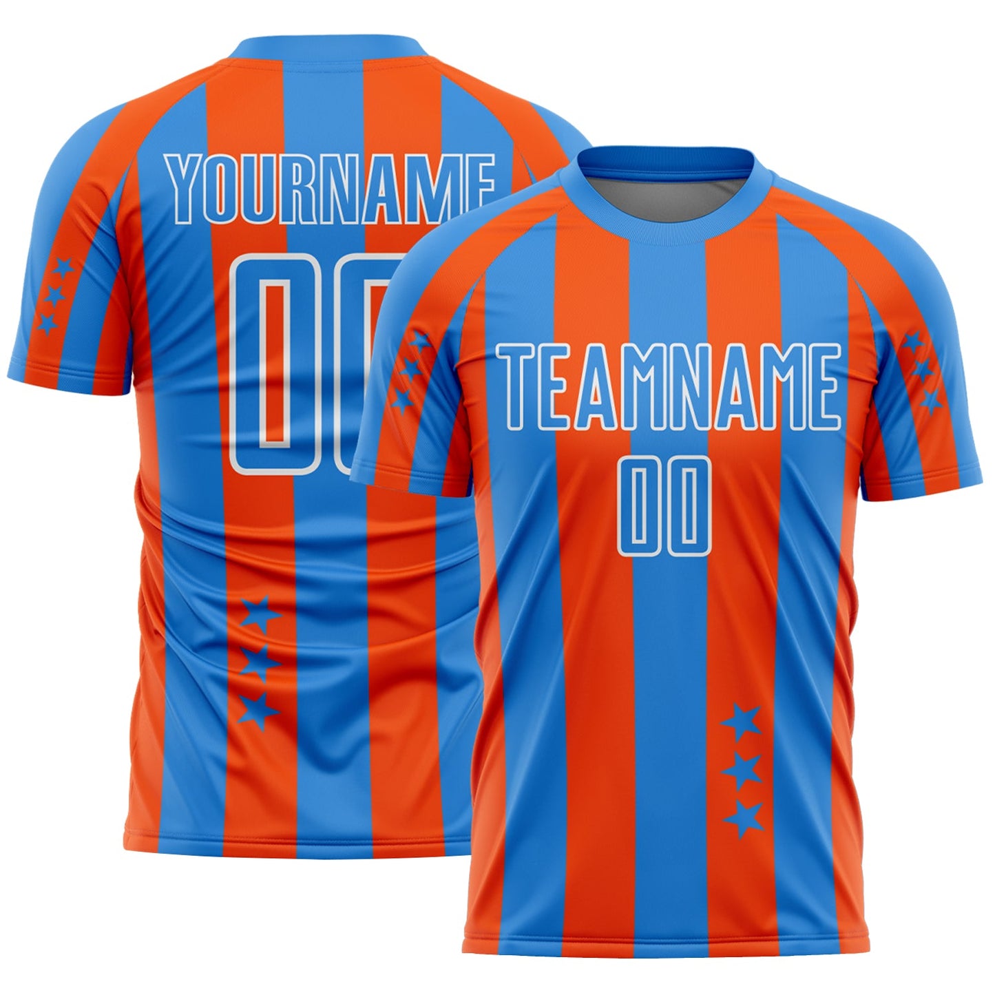 Custom Powder Blue Orange-White Stars And Stripes Sports Sublimation Soccer Uniform Jersey - Main View