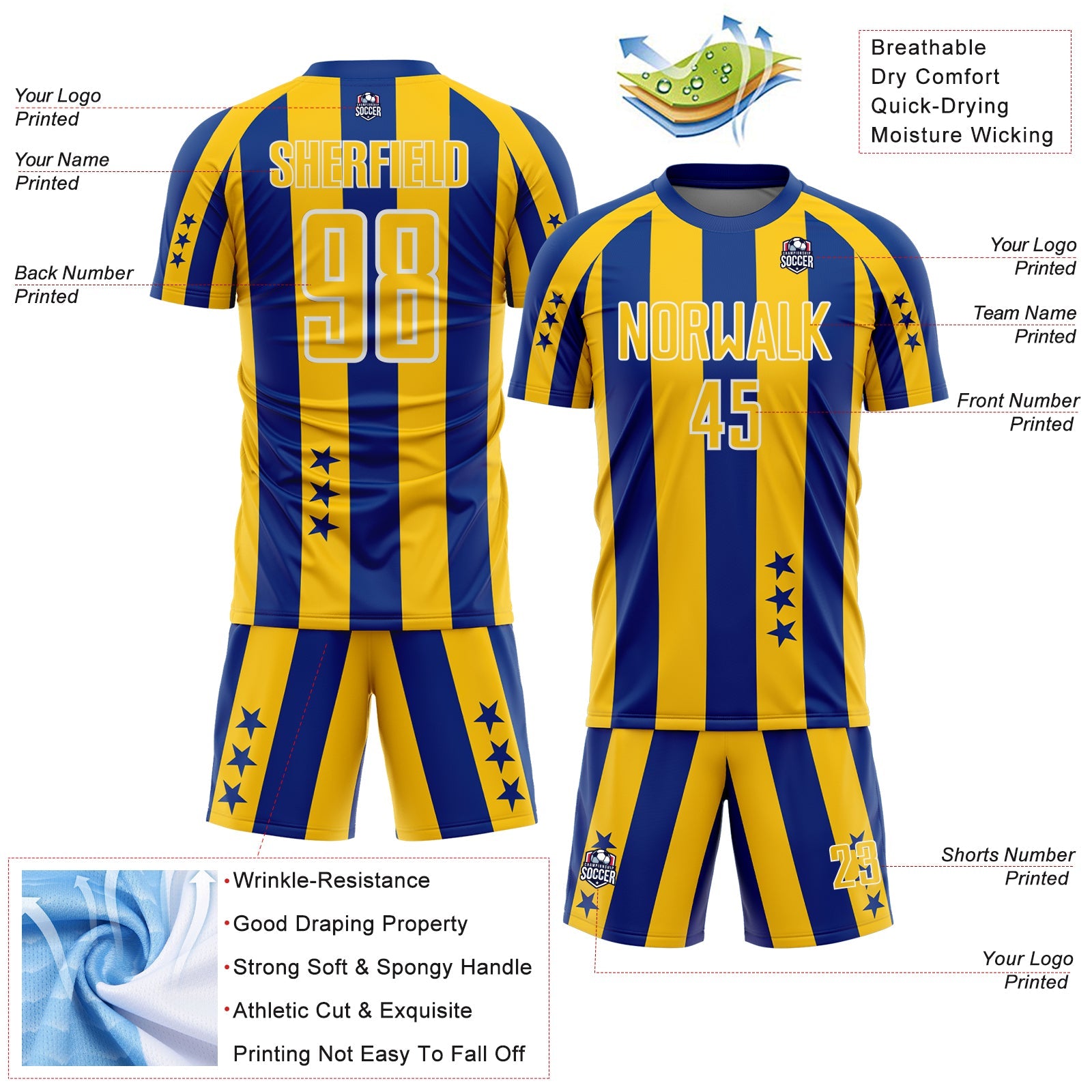 Custom Royal Yellow-White Stars And Stripes Sports Sublimation Soccer Uniform Jersey view 4