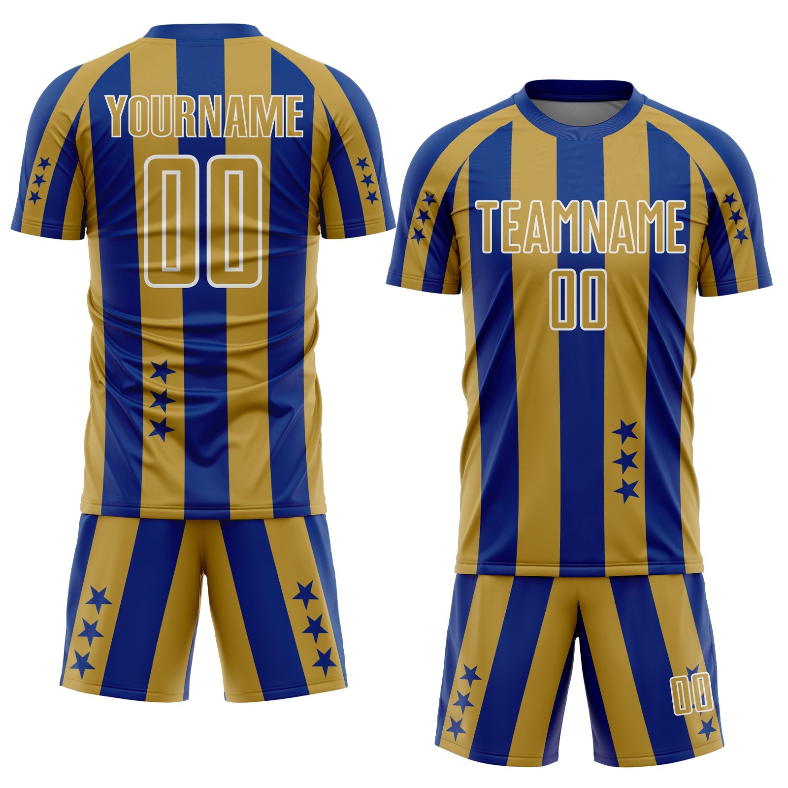 Custom Royal Old Gold-White Stars And Stripes Sports Sublimation Soccer Uniform Jersey view 2
