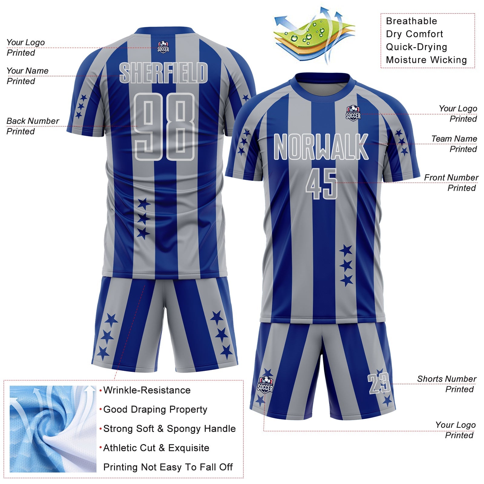 Custom Royal Gray-White Stars And Stripes Sports Sublimation Soccer Uniform Jersey view 4