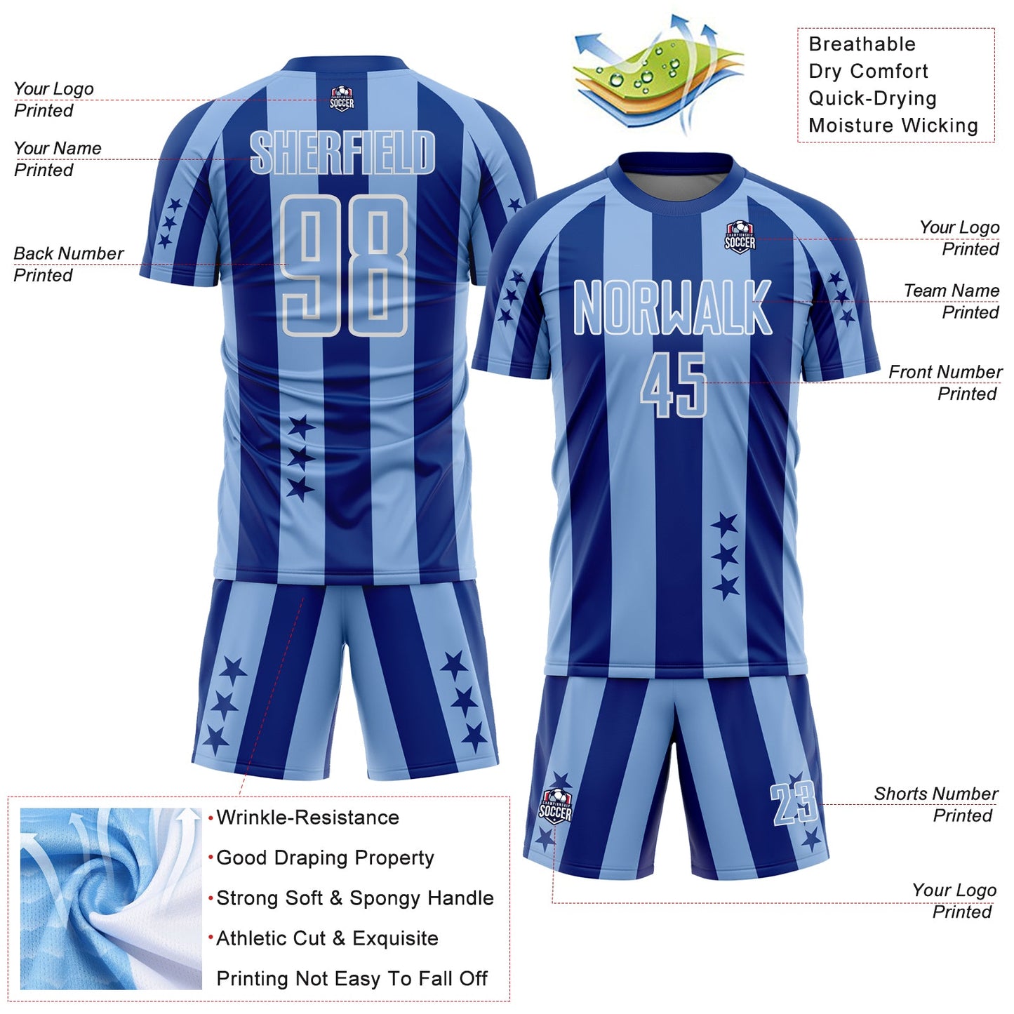 Custom Royal Light Blue-White Stars And Stripes Sports Sublimation Soccer Uniform Jersey view 4