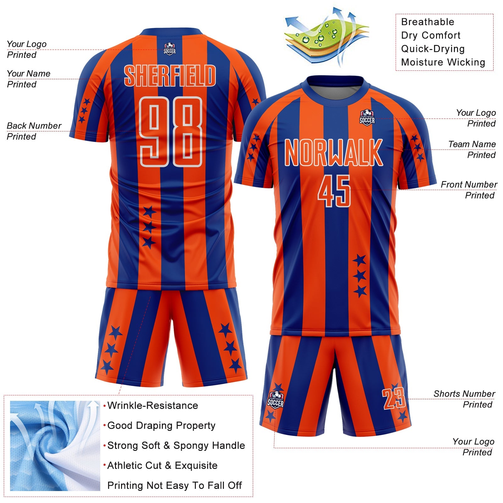 Custom Royal Orange-White Stars And Stripes Sports Sublimation Soccer Uniform Jersey view 4