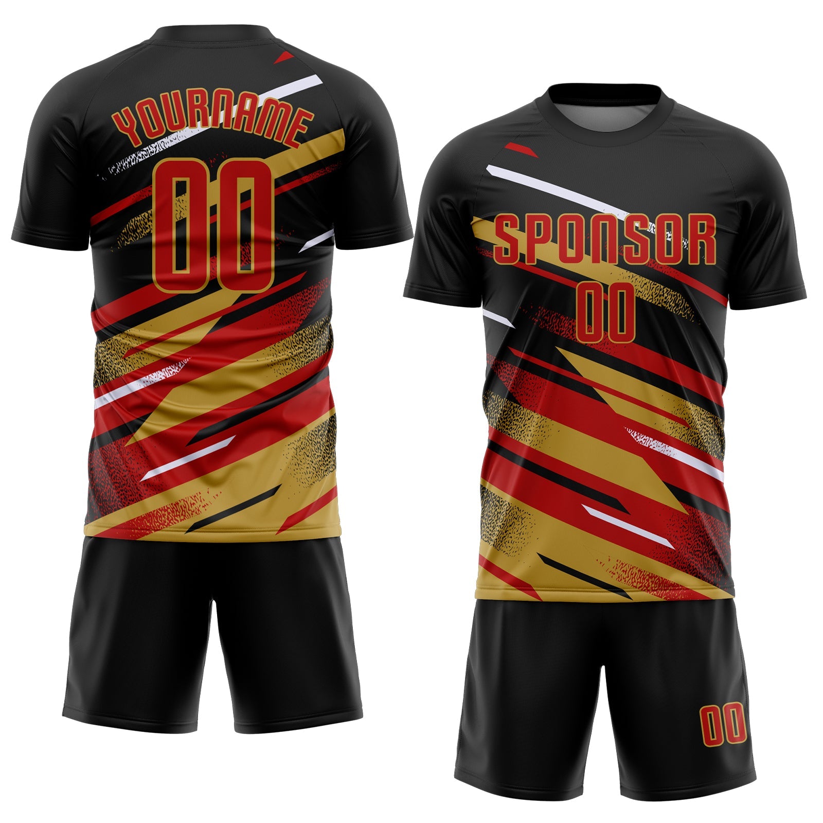 Custom Black Red Old Gold-White Grunge Stripe And Grainy Sports Sublimation Soccer Uniform Jersey view 2